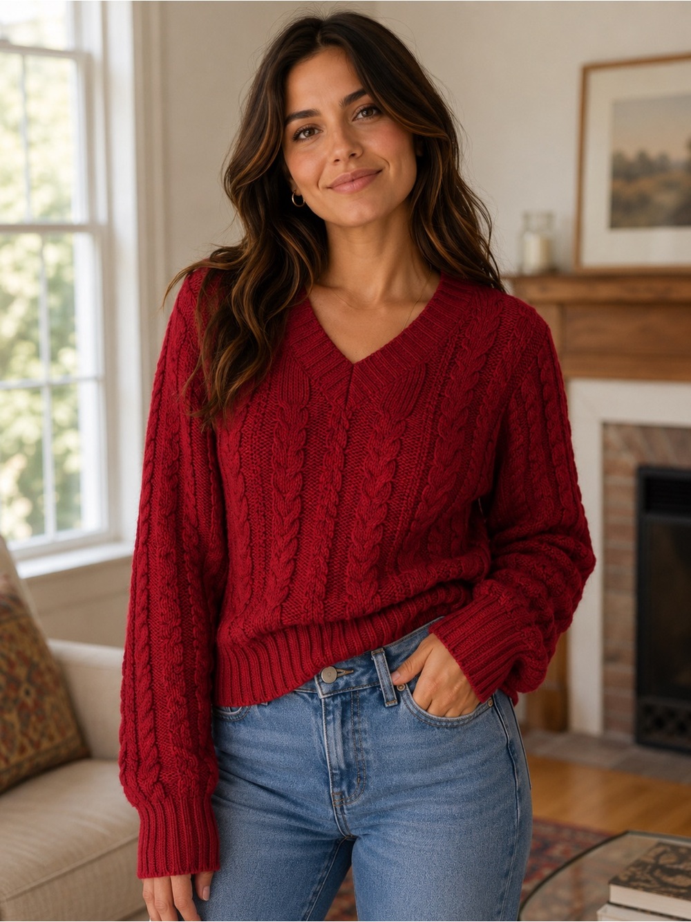 Love Tree V-Neck Sweater in Rich Red